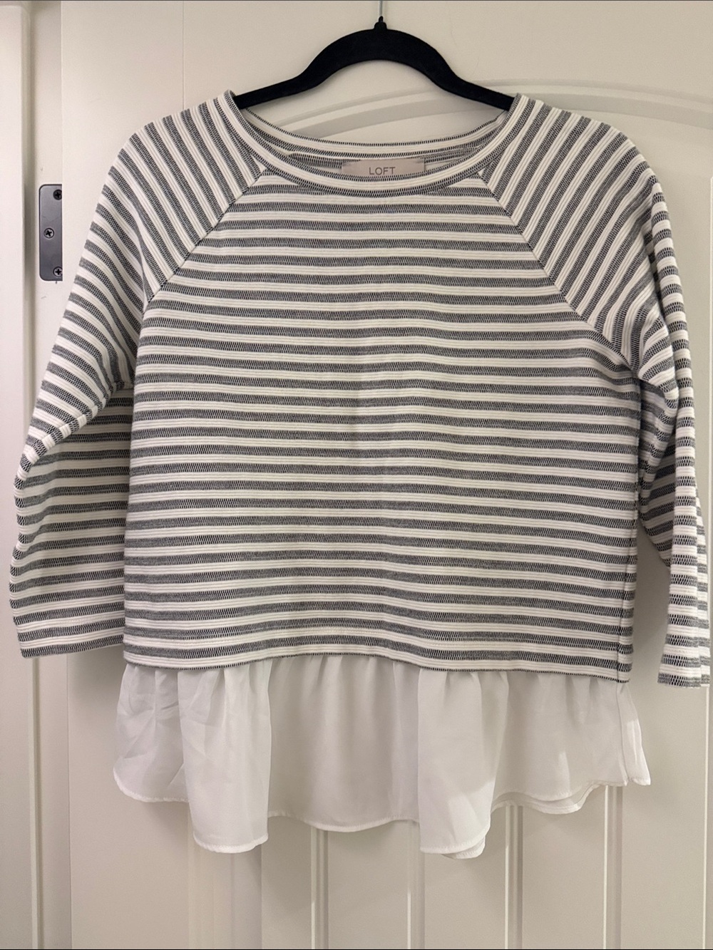 LOFT Gray & White Striped Long-Sleeve sweater top with shirt Hem